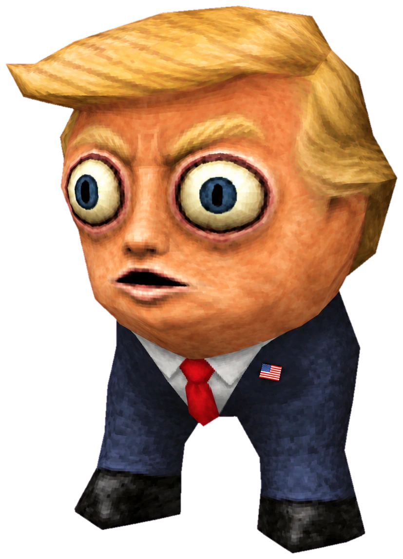 a round-headed man in a navy suit and red tie standing on a podium, eyes very wide, noticeably shorter than the podium was built for